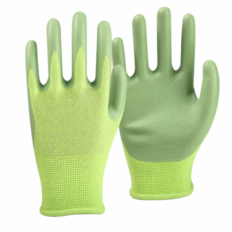 Light green gloves showing knit backs and coated palms