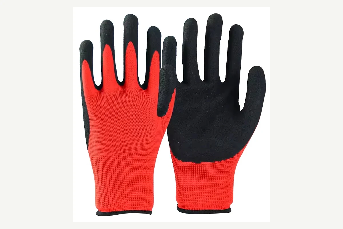 Red knit gloves with black coated palms, shown from front and back