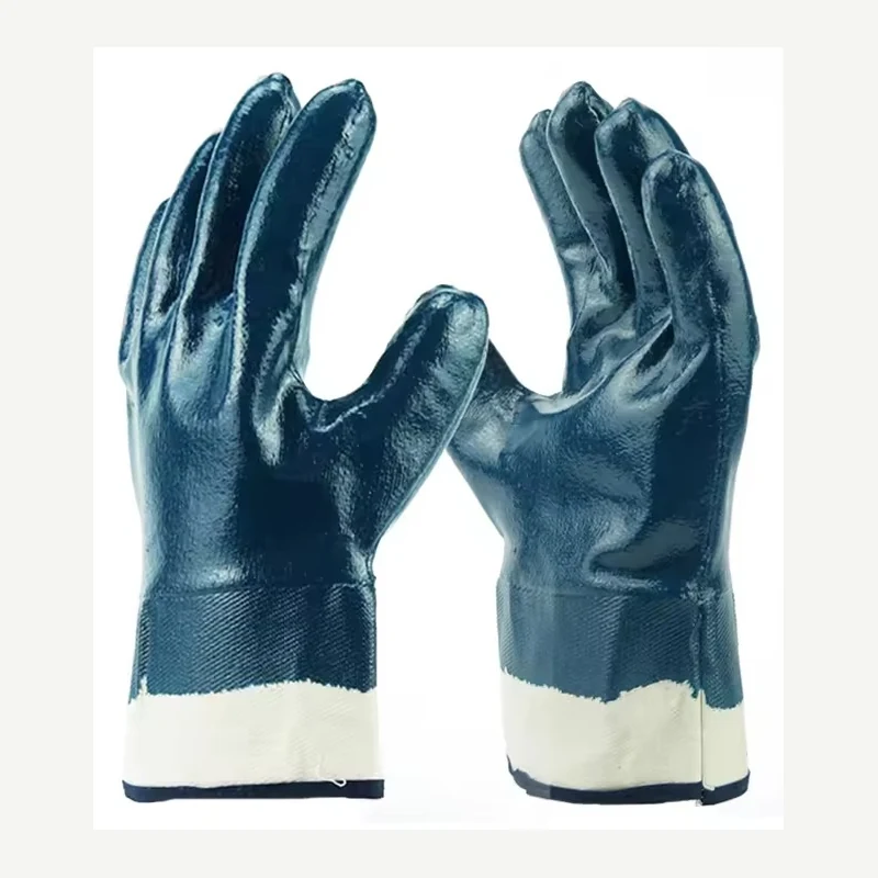 Teal coated gloves with cream knit cuffs and curved fingers