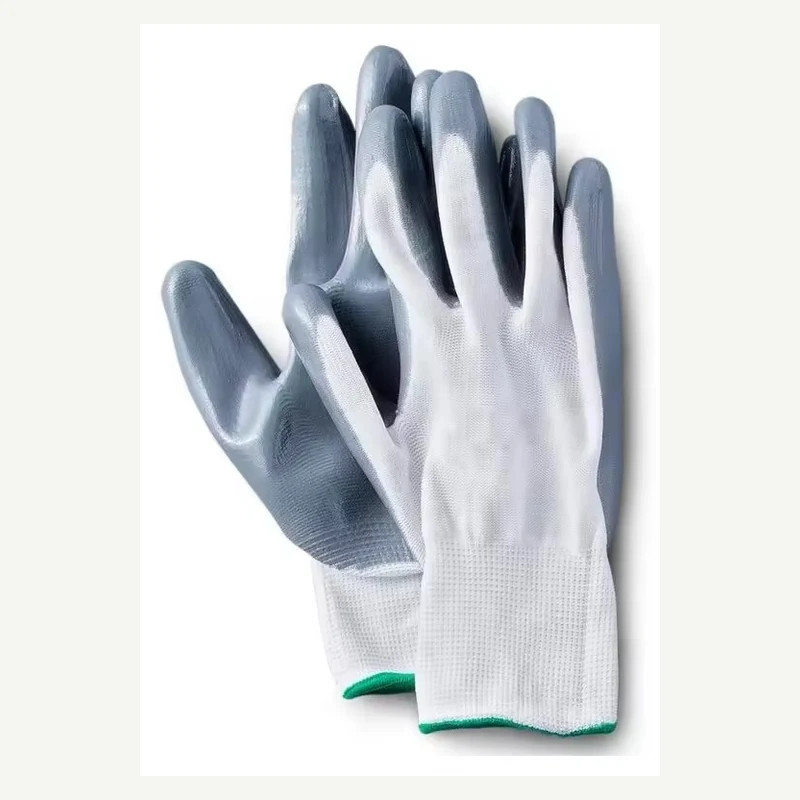 White knitted gloves with gray coated palms