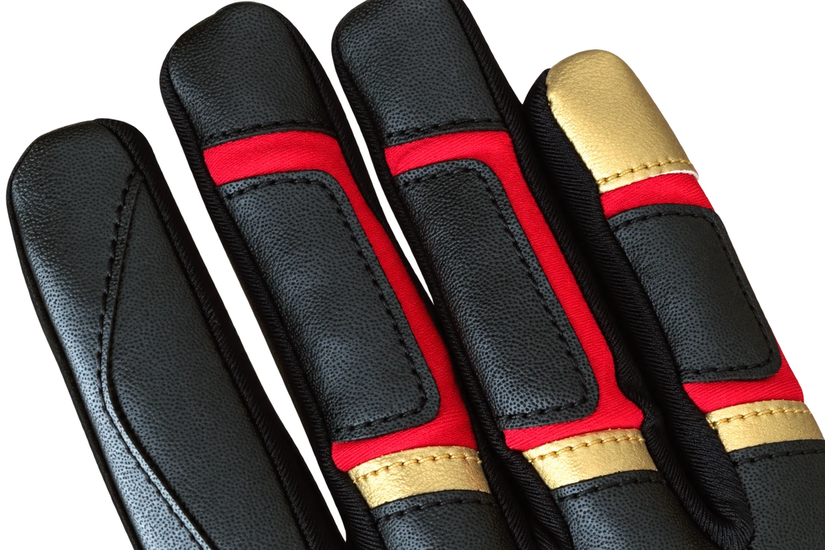 Red and gold fabric inserts between black finger panels