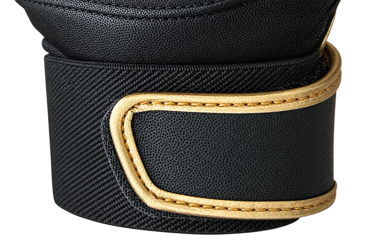 Gold-edged black wrist closure panel on a batting glove