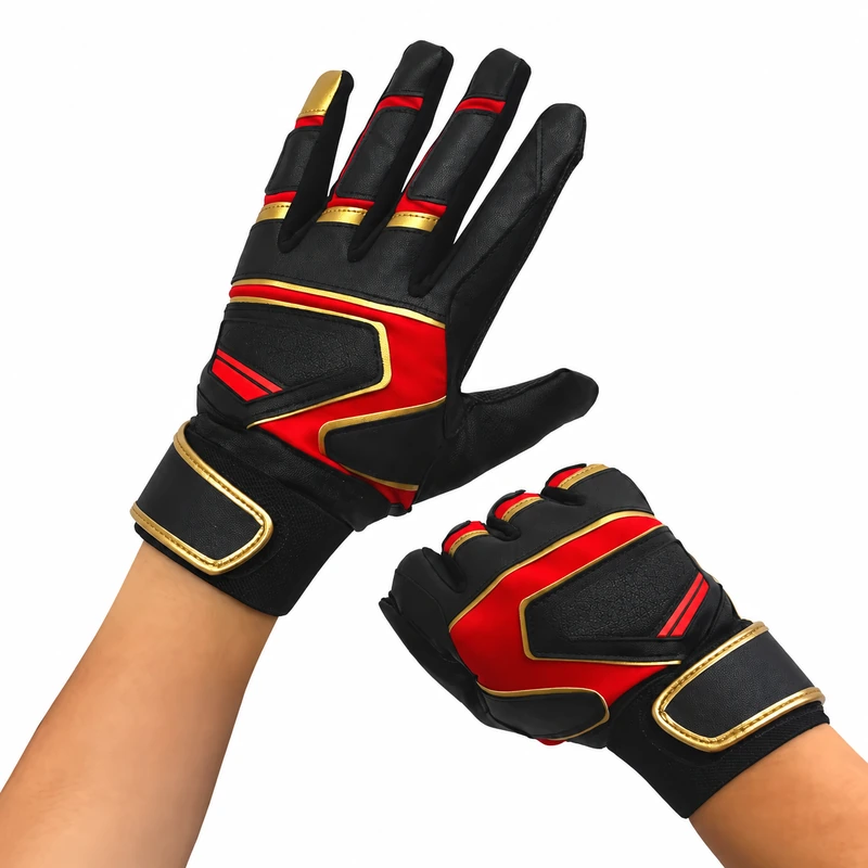 Black and red batting gloves worn on two hands