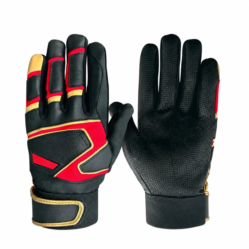 Black batting gloves with red and gold back panels and textured palm