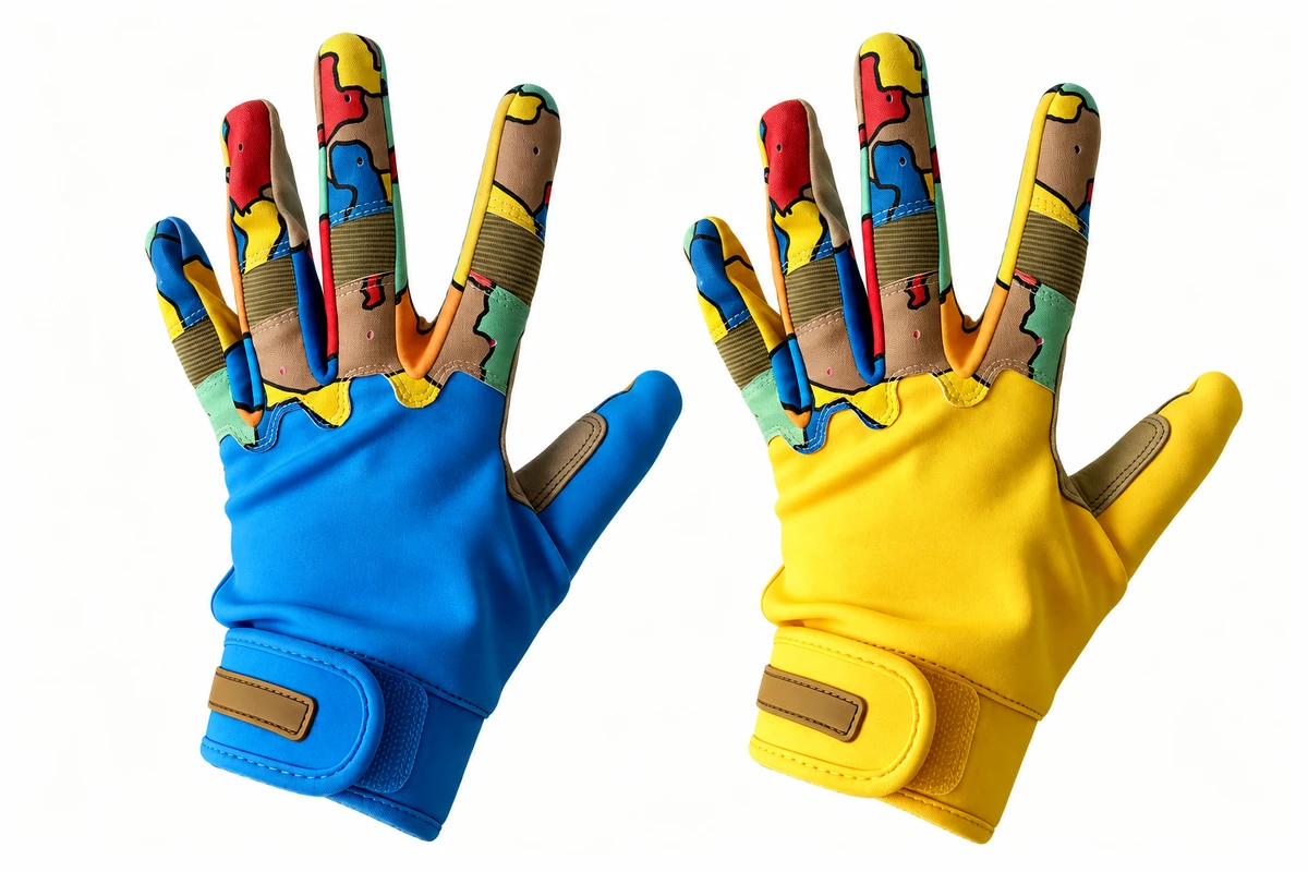 Blue and yellow batting gloves with matching multicolor fingers