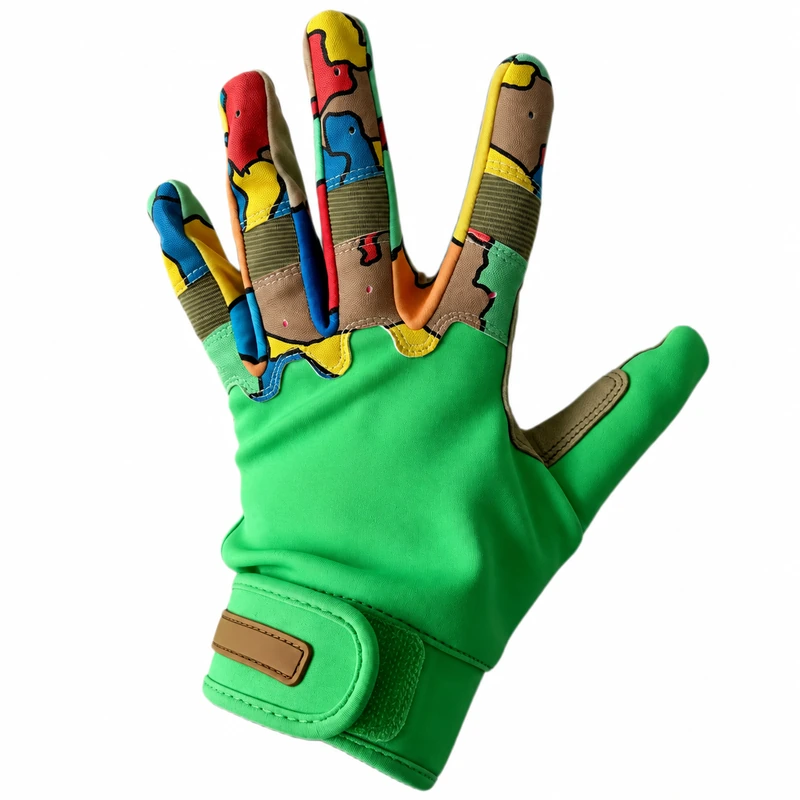 Green batting glove with multicolor finger panels