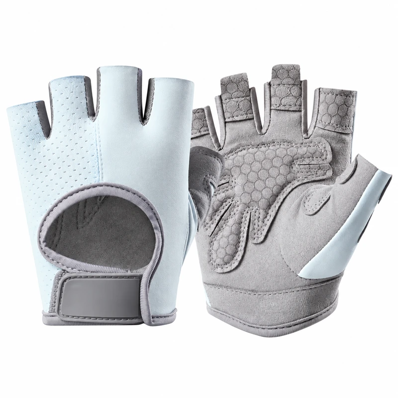 Pale gray half-finger training gloves showing padded palm and open back