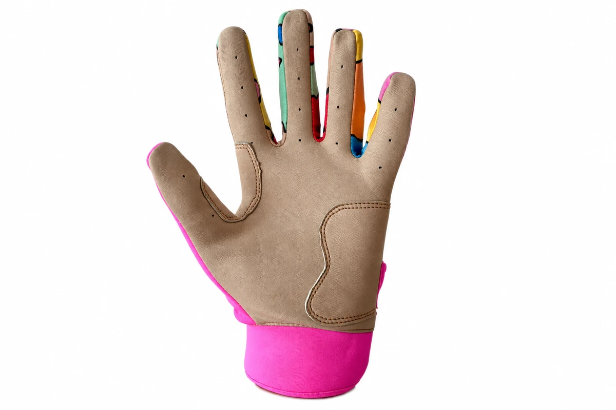 Batting glove showing brown palm and pink cuff