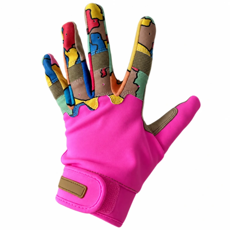Pink batting glove with multicolor finger panels
