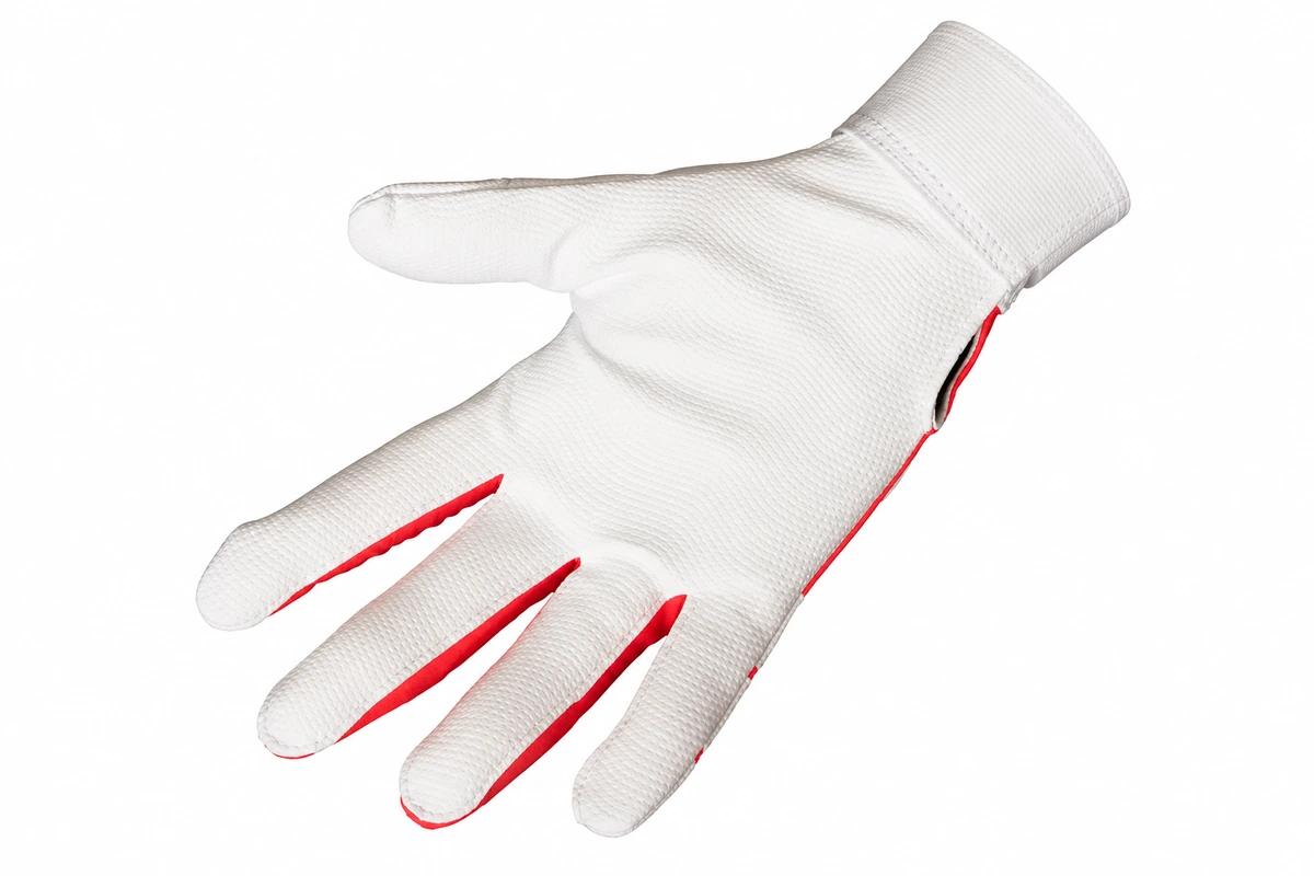 White batting glove palm with red finger-edge inserts