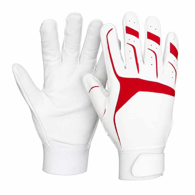White batting gloves showing plain palm and red back inserts
