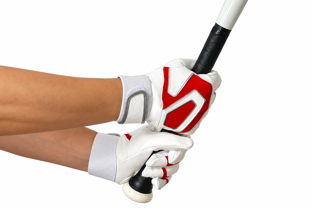 White and red batting gloves gripping a baseball bat