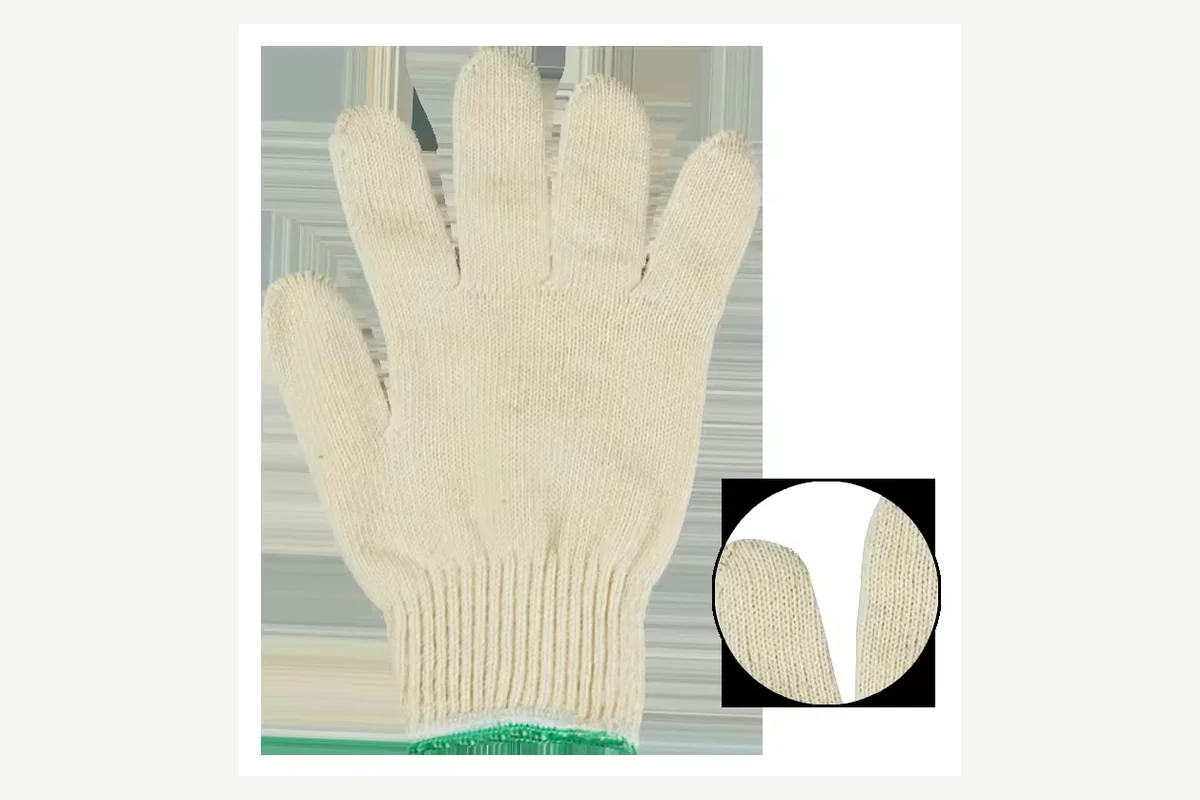 Cream knit glove with a green cuff edge and a magnified stitch detail