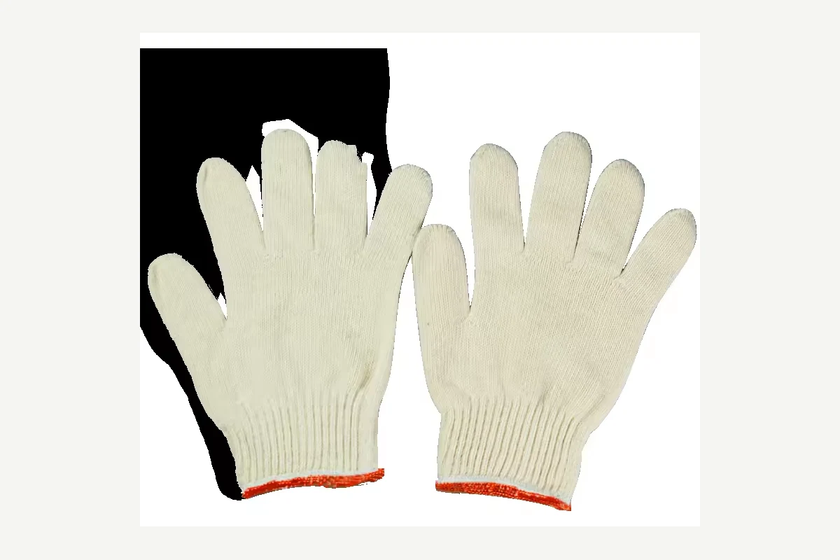 Cream knit gloves with red-edged ribbed cuffs