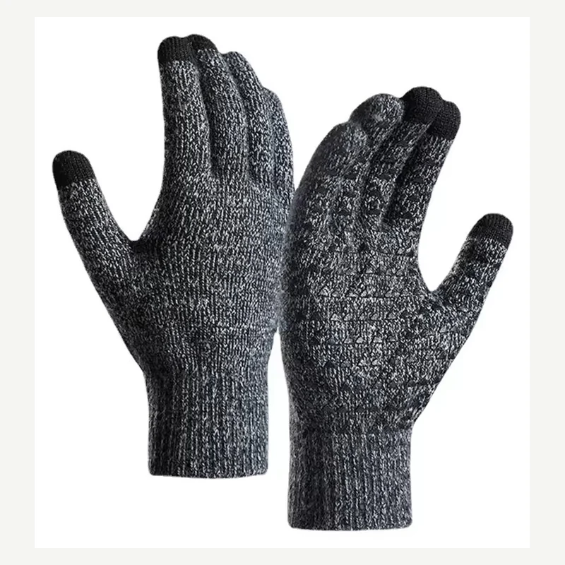 Gray marled full-finger knitted gloves with dark fingertips and patterned palms