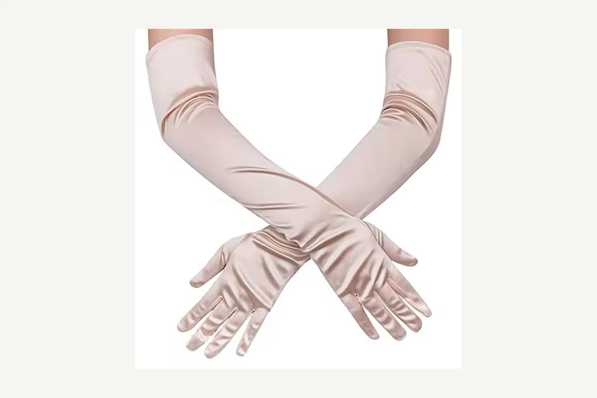 Light beige long fashion gloves worn on both arms