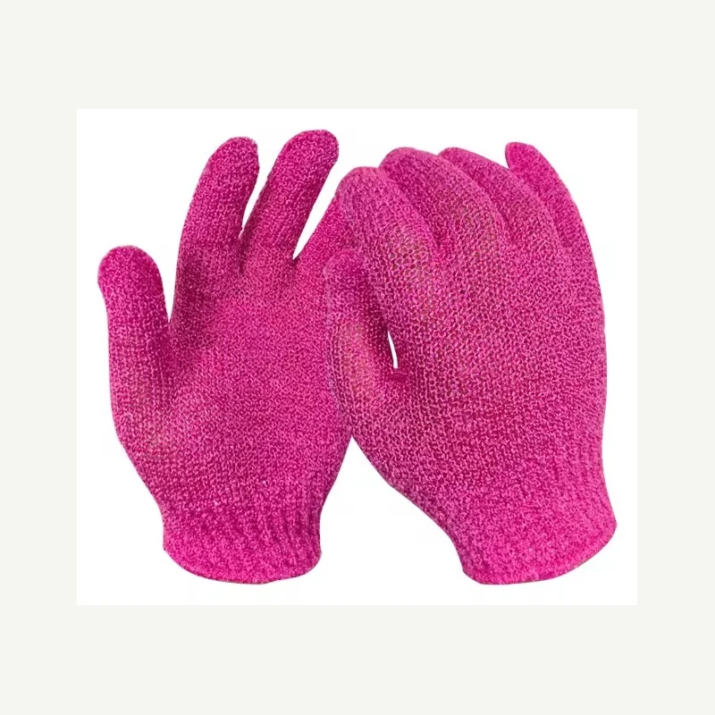 Pink knit gloves displayed as a pair
