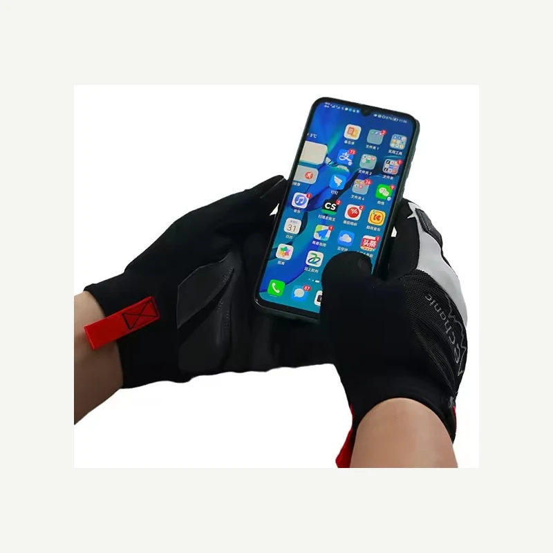 Black touchscreen gloves used with a smartphone