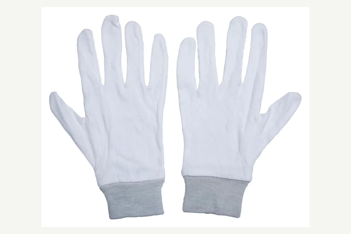 White full-finger gloves with gray ribbed cuffs