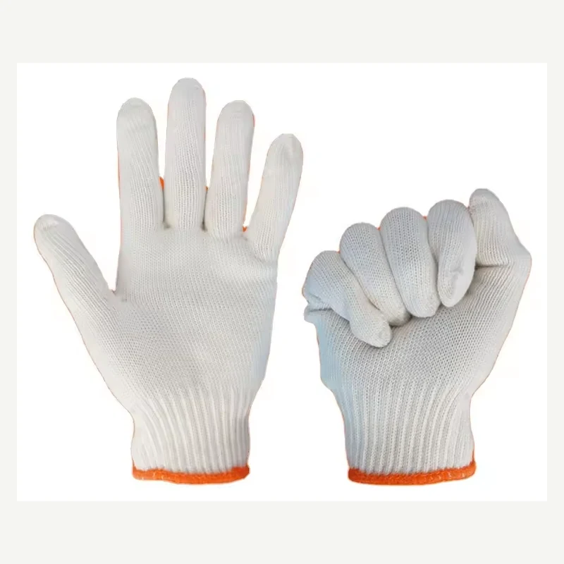 White knit gloves with orange cuff edges on open and closed hands