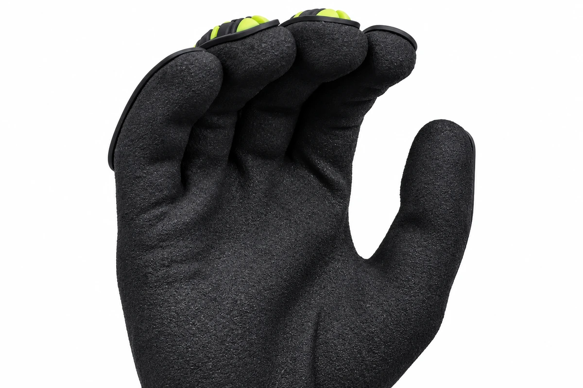 Curved fingers and thumb of a black textured work glove