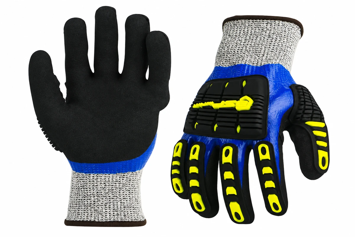 Blue and black work gloves with lime details and gray cuffs