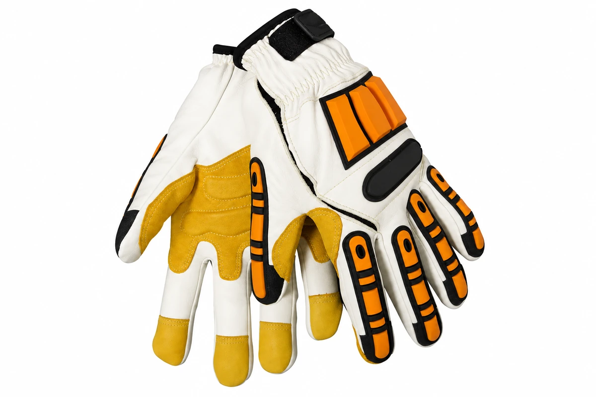 Cream work gloves with yellow palm panels and orange back details