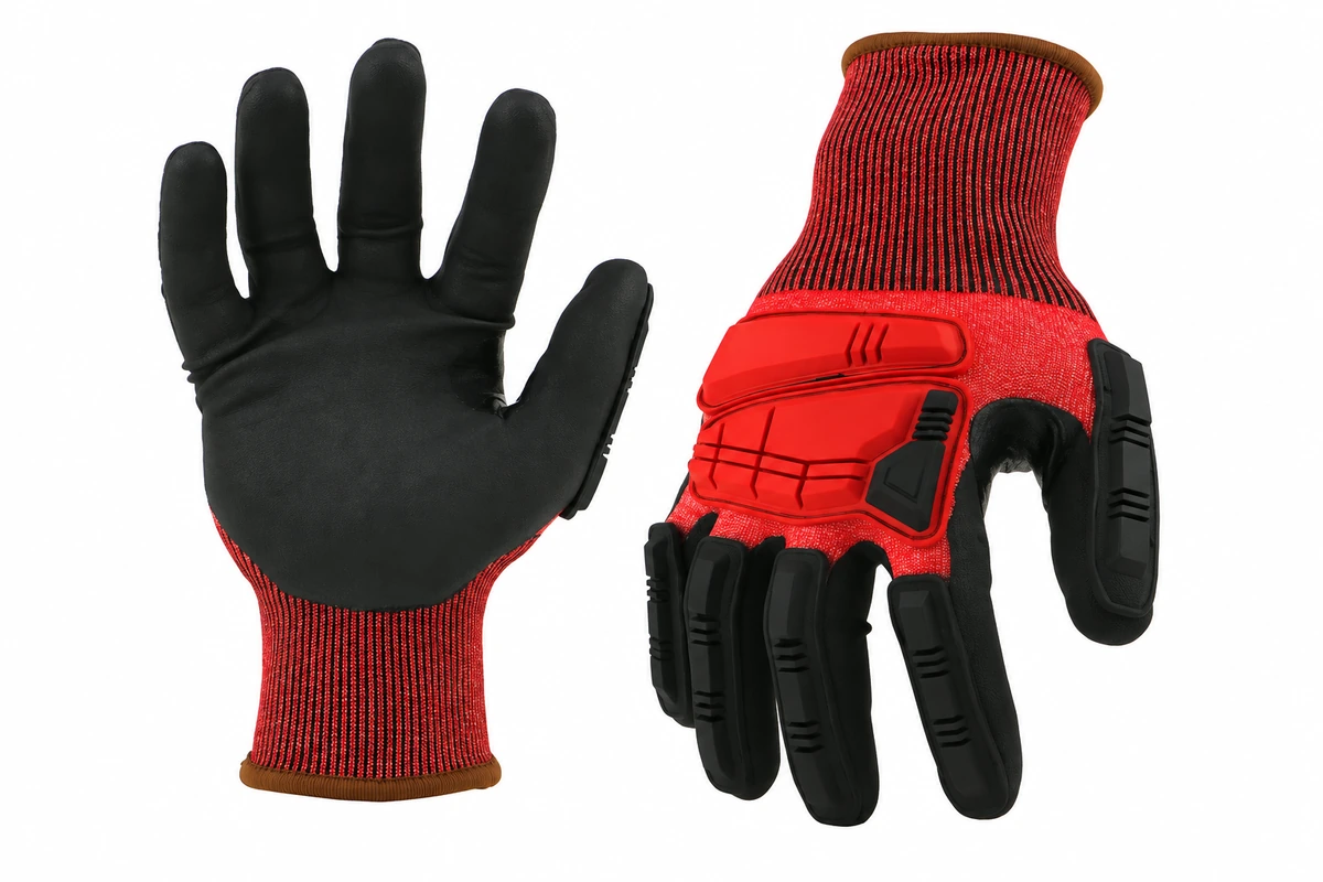 Red and black work gloves showing the back panel and palm