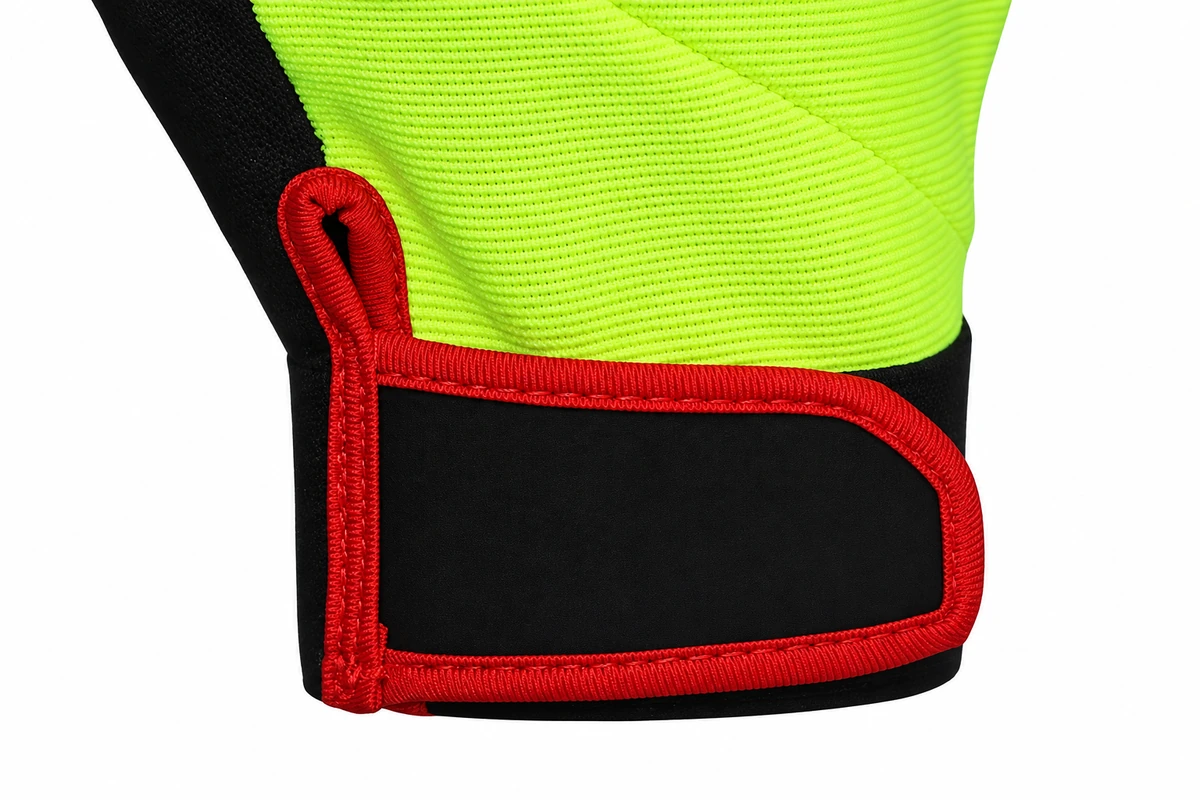 Black adjustable wrist strap with red edging on a lime glove