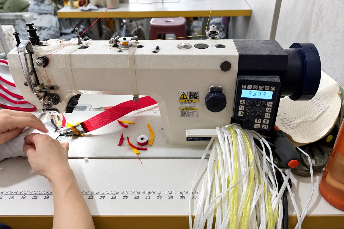 Hands guiding material through an industrial sewing machine