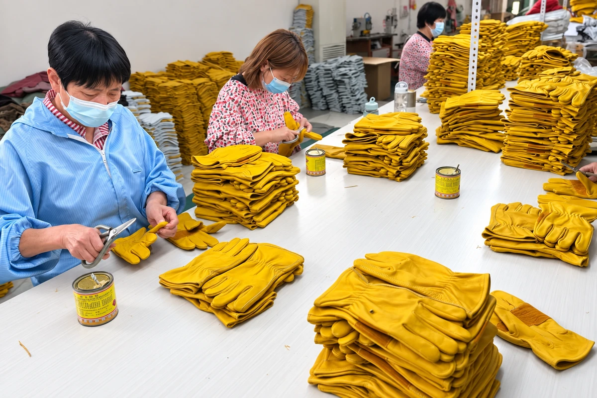 Workers finishing yellow gloves at a production table