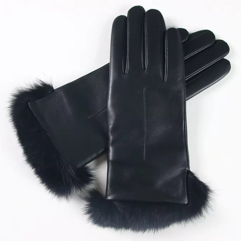 Black dress gloves with fluffy black cuff trim