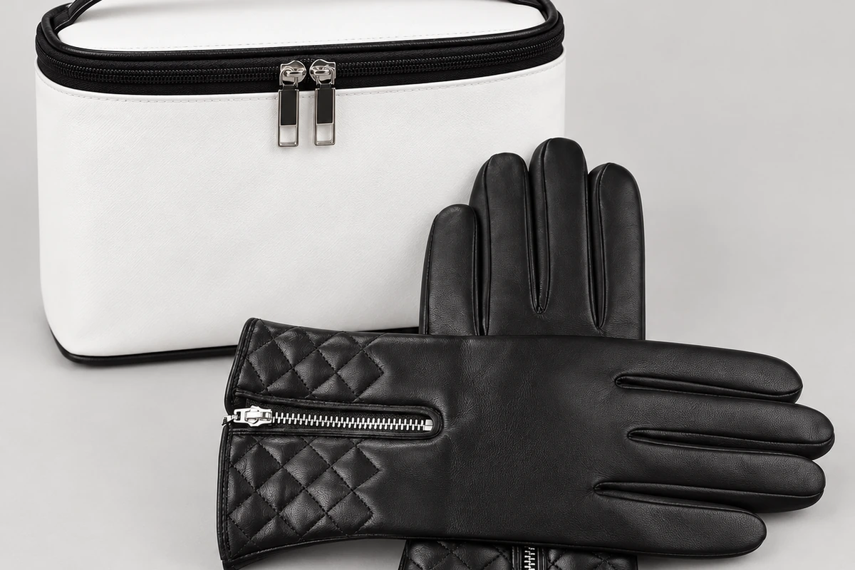 Black quilted leather gloves beside a white case with a black handle