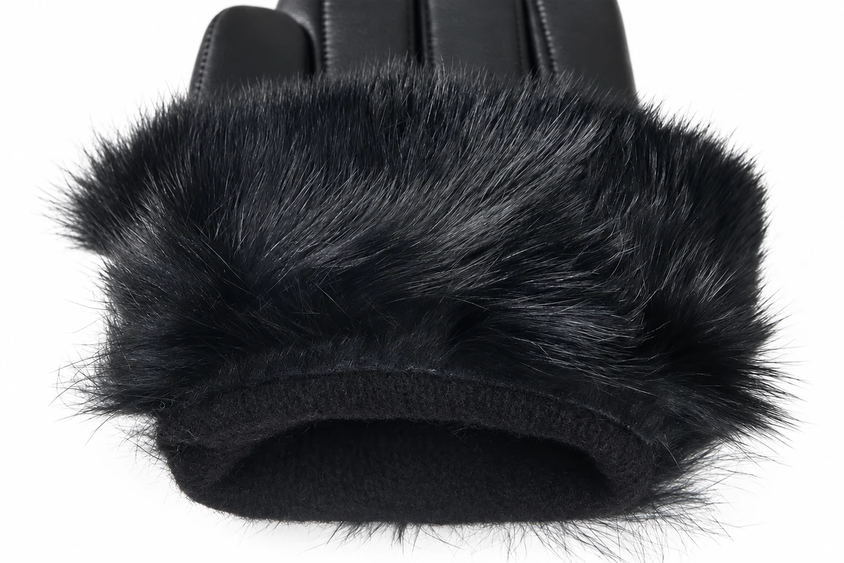 Black leather glove with a fluffy trimmed cuff