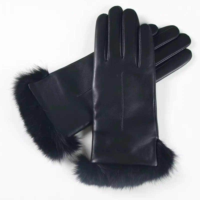 Black leather gloves with fluffy black cuff trim