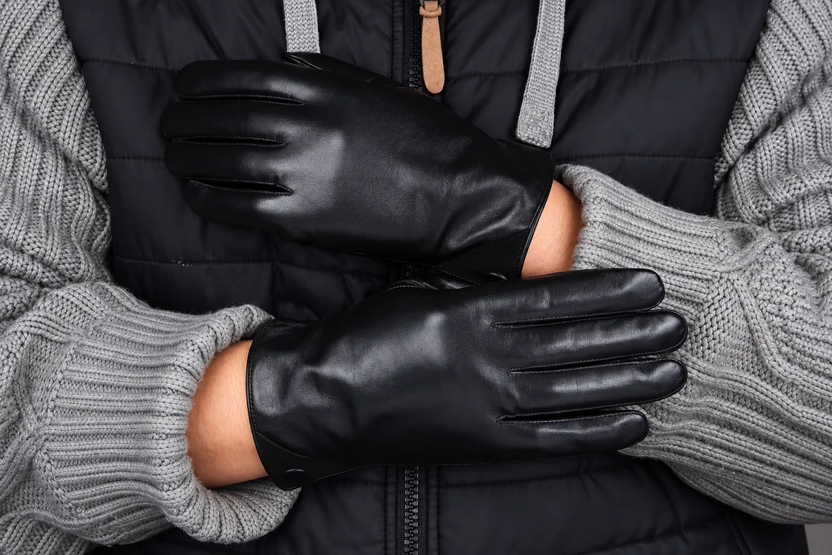 Black leather gloves worn with a gray knit cardigan and dark vest