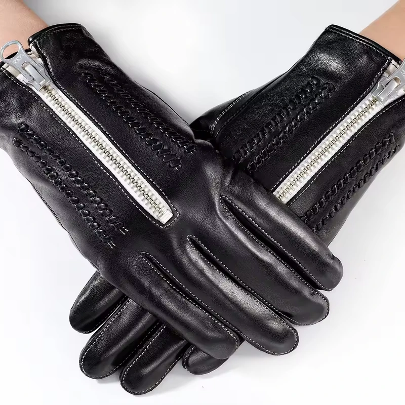 Black leather gloves with polished wrist zippers and stitched cuffs
