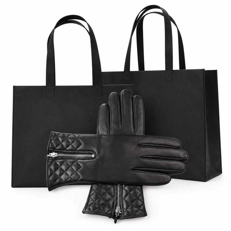 Black quilted leather gloves in front of two black handled bags