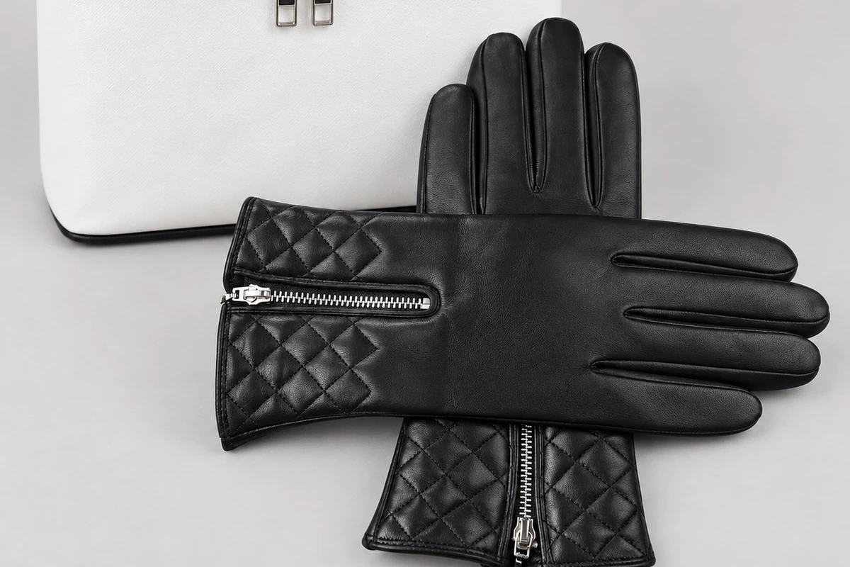 Black quilted leather gloves with wrist zippers beside a white case