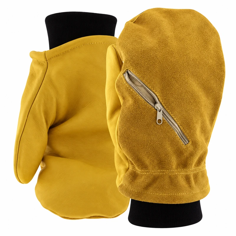 Tan leather mittens with a zipper pocket and black cuffs