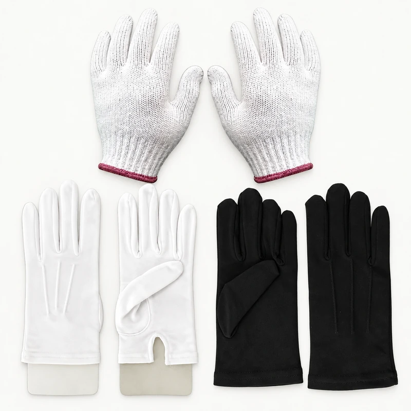 White knit gloves, white formal gloves and black fabric gloves