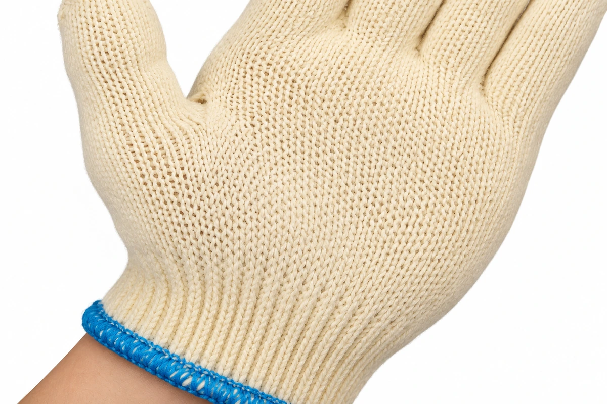Close view of cream glove knit construction and ribbed blue-trim cuff