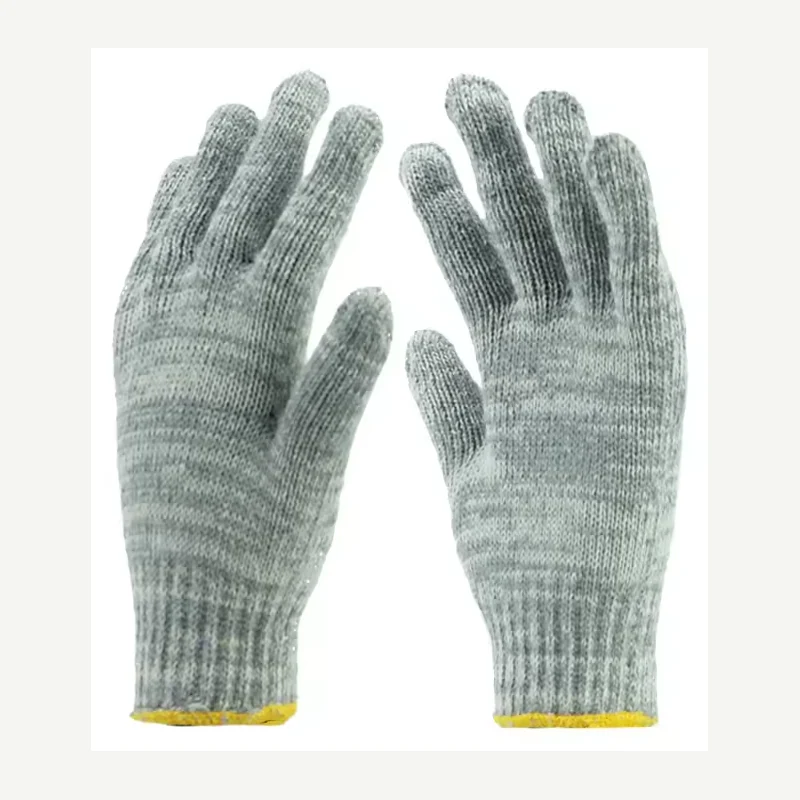 Gray knit cotton garden gloves showing palm and back