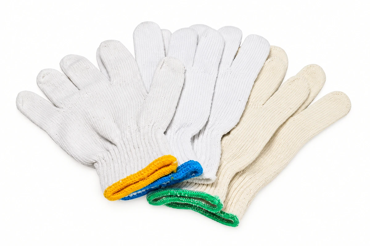 White and cream knit gloves with yellow, blue and green cuff trim