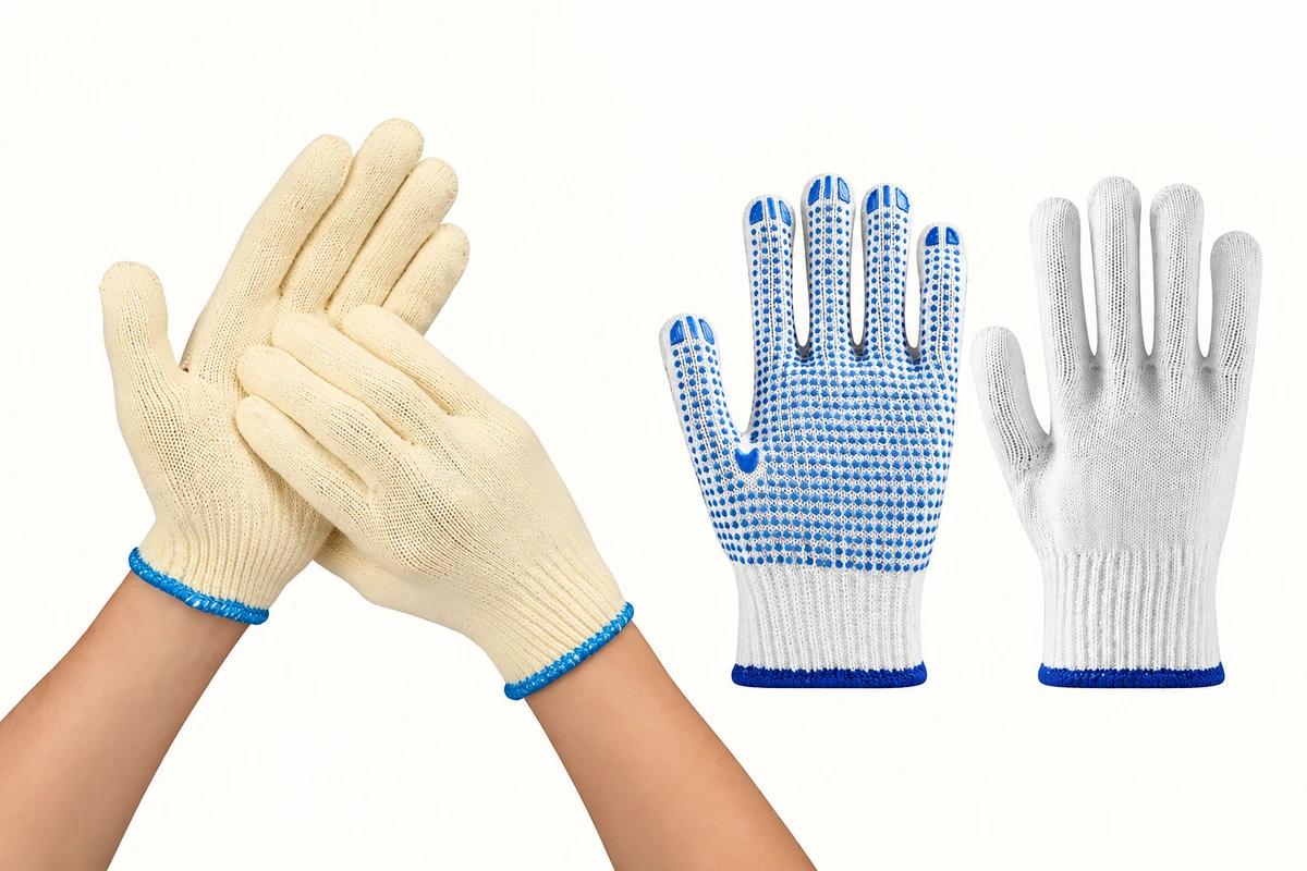 Plain cream knit gloves and white blue-dot knit gloves