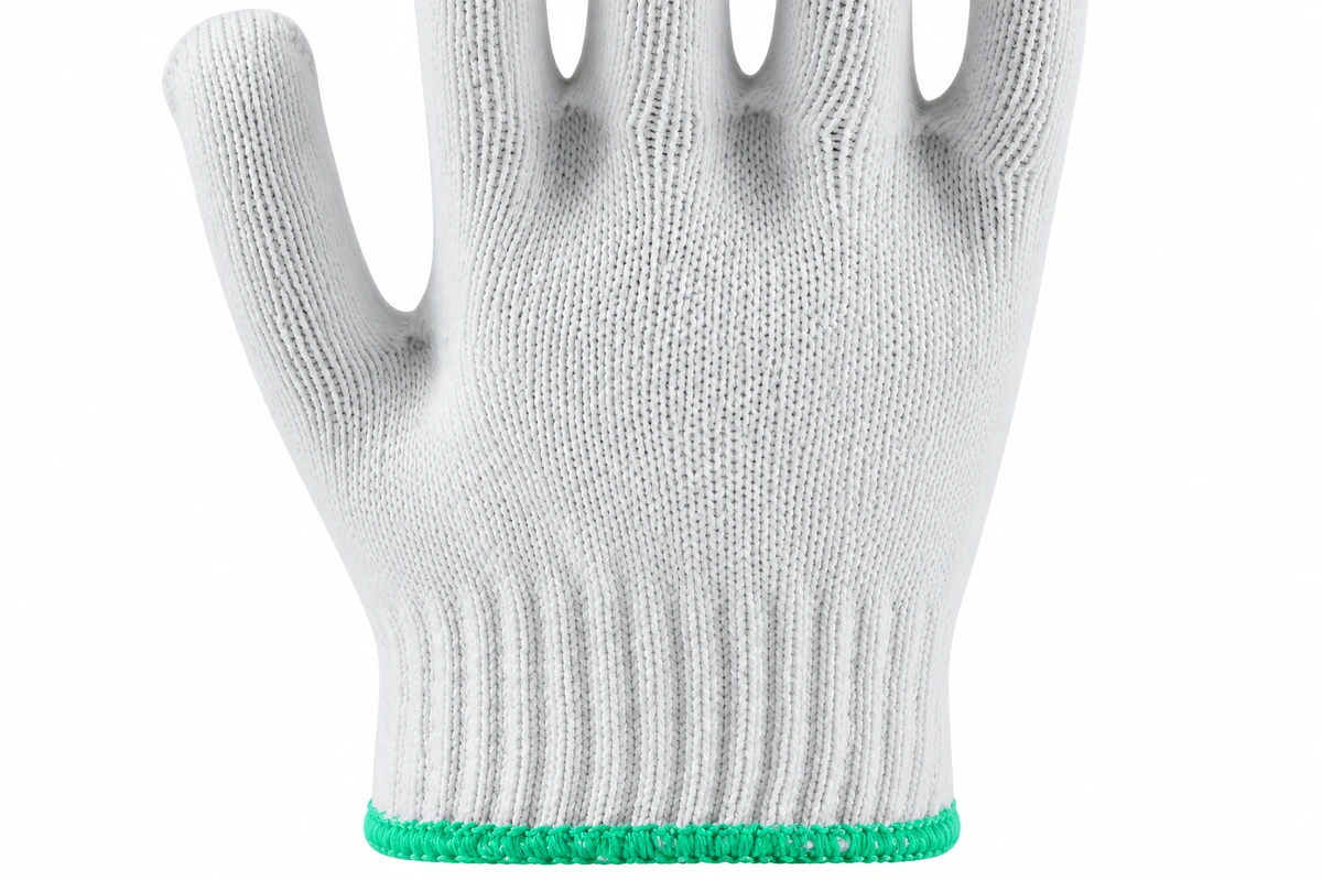 Plain white knit glove back above a green trimmed cuff