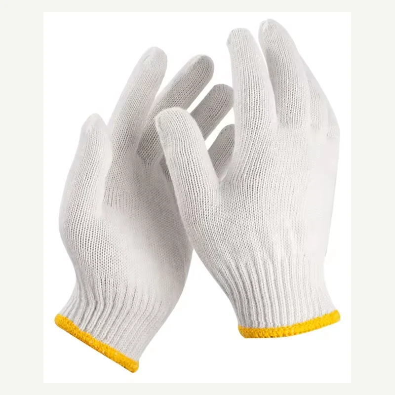 White cotton garden gloves with yellow wrist edges