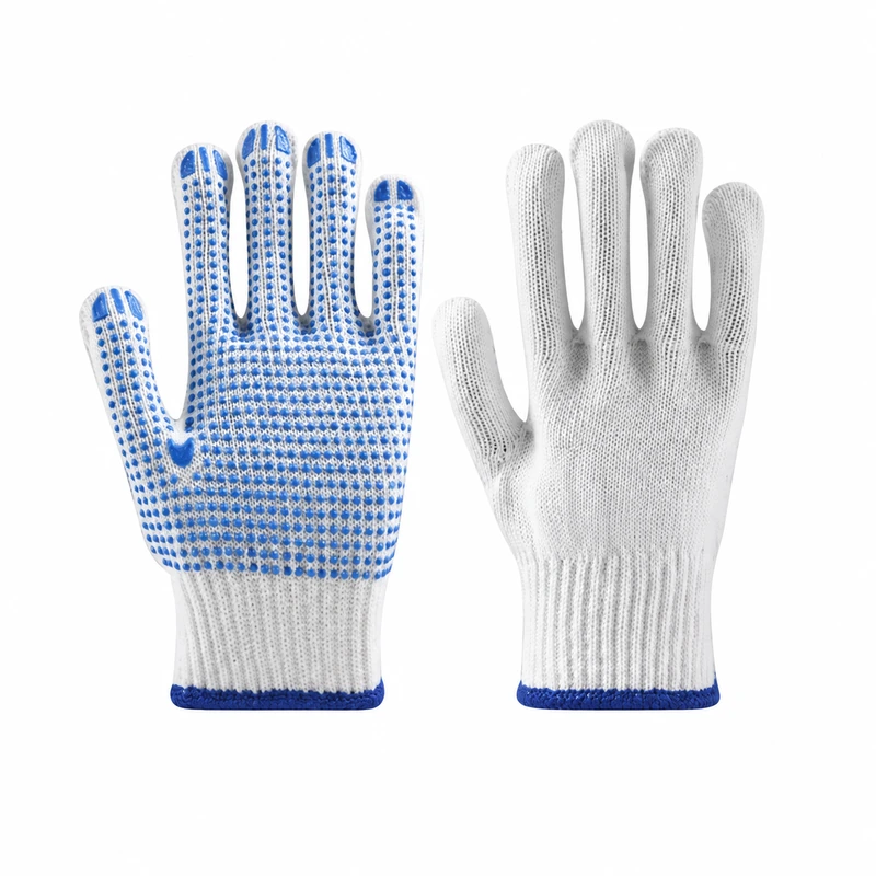 White knit gloves with blue grip dots on the palms