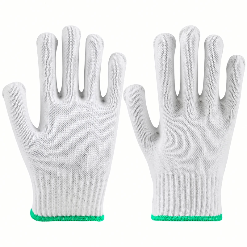 White knit gloves with green wrist trim shown palm and back