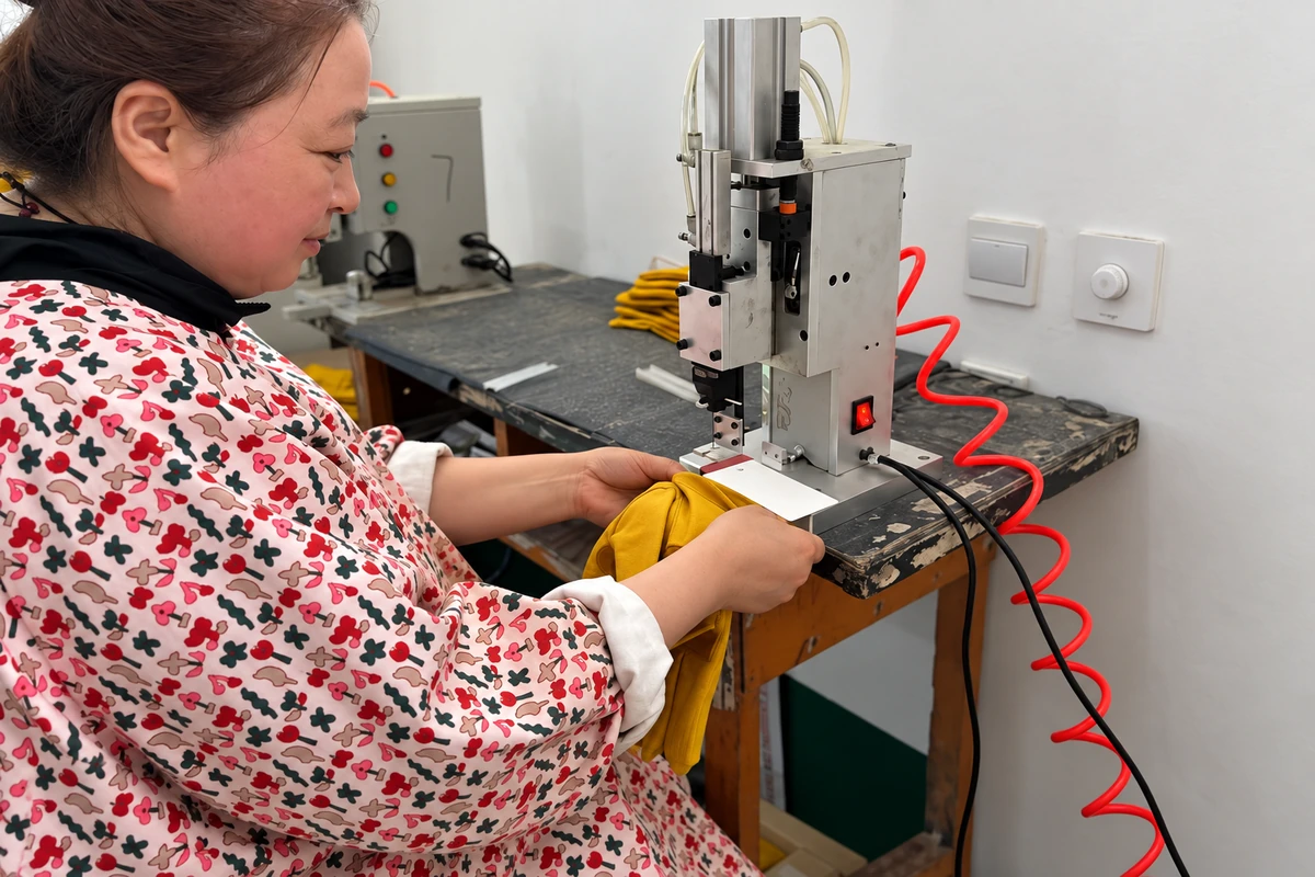 Worker handling yellow gloves at a production machine